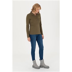 Kadın Haki Basic Polo Yaka Sweatshirt