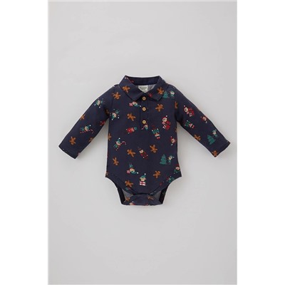 Defacto Erkek Bebek Yeni Doğan Gömlek Yaka Yeni Yıl Baskılı Gabardin Uzun Kollu Çıtçıtlı Body B1315A523WN