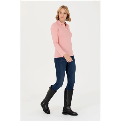 Kadın Pudra Basic Polo Yaka Sweatshirt