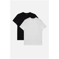 Avva Erkek Siyah-beyaz 2'li V Yaka Düz %100 Pamuk Standart Fit Normal Kesim T-shirt E001022