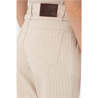 Kadın Ekru Çizgili Keten Karışımlı Carrot Fit Jean Pantolon