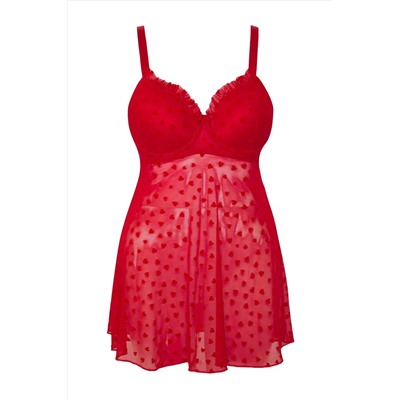 Kırmızı Sabit Kaplı Ayarlanabilir Askılı Flok Kalp Desenli Büyük Beden Babydoll TBBSS25DH00000