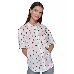 KARL LAGERFELD PARIS Women's Printed Bungee-Sleeve Top, Regular & Petite