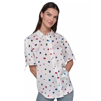 KARL LAGERFELD PARIS Women's Printed Bungee-Sleeve Top, Regular & Petite