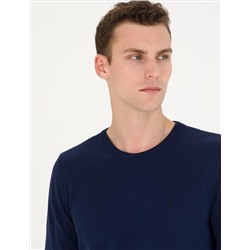 Açık Lacivert Slim Fit Bisiklet Yaka Basic Triko Kazak