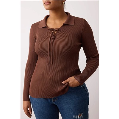 Kahverengi Polo Yaka Fitilli İnce Triko Bluz TBBAW26AF00001