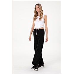 Kadın Siyah Bel Detaylı Loose Fit Kanvas Pantolon