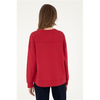 Kadın Kırmızı Basic Bisiklet Yaka Sweatshirt