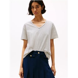 Linen-Blend Stripe V-Neck Top