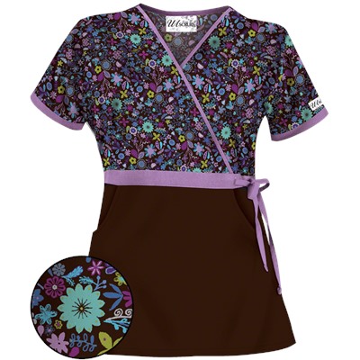 UA Country Wild Flower Coffee Bean Mock Wrap Scrub Top