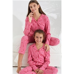 Siyah İnci pembe kalp desenli Pamuklu Düğmeli Pijama Takımı 7692