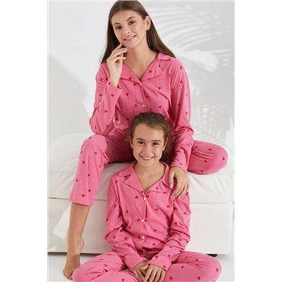 Siyah İnci pembe kalp desenli Pamuklu Düğmeli Pijama Takımı 7692