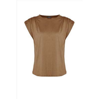 Camel Bisiklet Yaka Basic %100 Pamuk Örme Büyük Beden Bluz TBBSS23AF00053