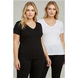 Siyah-Beyaz 2'li Paket Basic V Yaka %100 Pamuk Örme Büyük Beden T-Shirt TBBSS22TS0705
