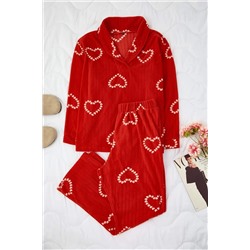 Kırmızı Kalpli Polar Kışlık Örme Pijama Takımı TBBAW26AI00016