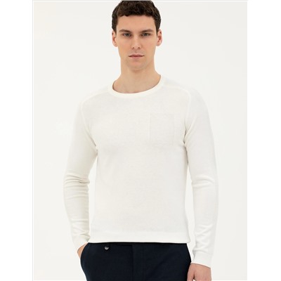 Ekru Slim Fit Bisiklet Yaka Triko Kazak