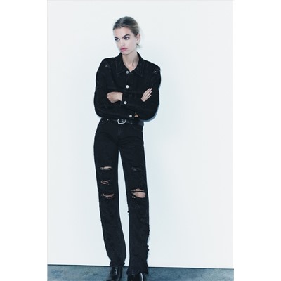 CAZADORA CROP DENIM TRF ROTOS