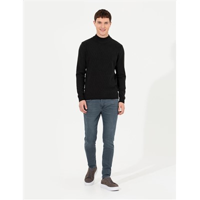 Siyah Slim Fit Yarım Balıkçı Yaka Triko Kazak