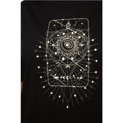 Siyah Geometrik Baskılı %100 Pamuk Örme Büyük Beden T-Shirt Elbise TBBSS22EL2269
