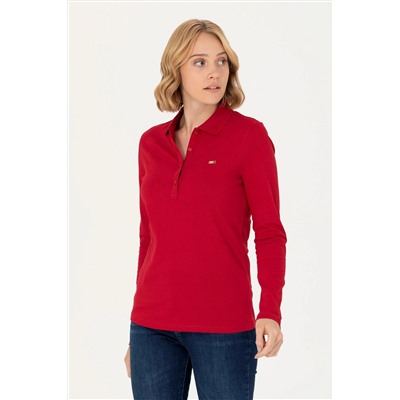 Kadın Kırmızı Basic Polo Yaka Sweatshirt