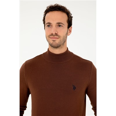 Erkek Slim Fit Yarım Boğazlı Kahverengi Basic Kazak