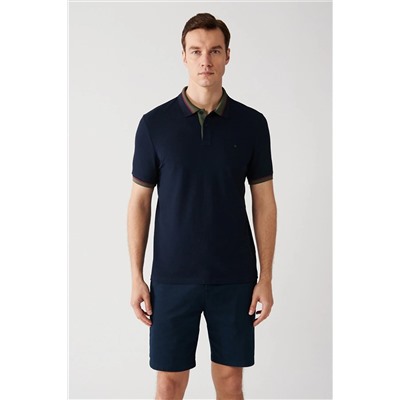 Avva Erkek Lacivert Yakası Çizgili %100 Pamuk Standart Fit Normal Kesim 2 Düğmeli Polo Yaka T-shirt E0010 E001036