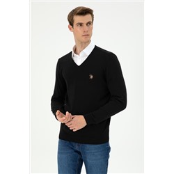 Erkek Slim Fit V Yaka Siyah Basic Kazak