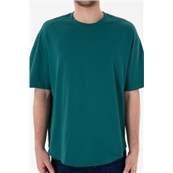 Erkek Long Fit Bisiklet Yaka Koyu Yeşil Basic Tişört