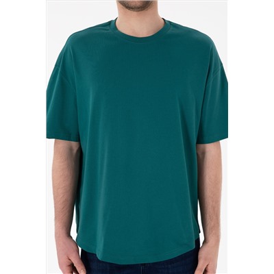 Erkek Long Fit Bisiklet Yaka Koyu Yeşil Basic Tişört