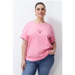 Pembe Baskılı Oversize %100 Pamuk Örme T-shirt TBBSS24BF00011