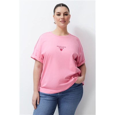 Pembe Baskılı Oversize %100 Pamuk Örme T-shirt TBBSS24BF00011