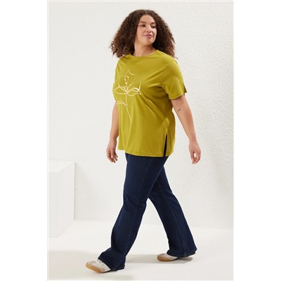 Yeşil Bisiklet Yaka Metalik Baskılı %100 Pamuk Örme T-Shirt TBBSS22TS2287