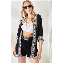 Olalook, Kadın Siyah Şerit Detaylı Dokulu Kaftan Kimono KMN-00000055