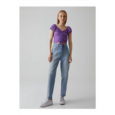 Ltb V Yaka Önü Büzgülü Crop Top Mor T-shırt 013168000060019
