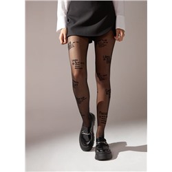 Transparente Strumpfhose 30 Denier mit Sternzeichen-Schriftzügen in Flockprint