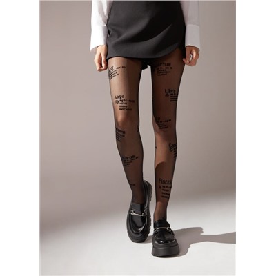 Transparente Strumpfhose 30 Denier mit Sternzeichen-Schriftzügen in Flockprint