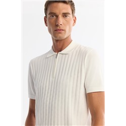 Ekru Polo Yaka Fermuarlı Rayon Triko T-Shirt