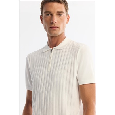 Ekru Polo Yaka Fermuarlı Rayon Triko T-Shirt