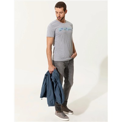 Açık Gri Melanj Slim Fit Baskılı Bisiklet Yaka Tişört