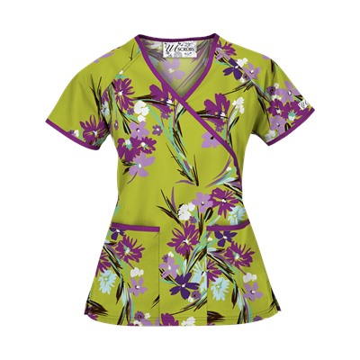 UA Island Bouquet Giddy Green Mock Wrap Scrub Top