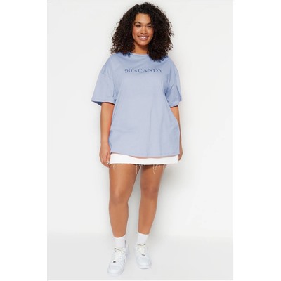 Mavi Geniş Kalıp Baskılı Bisiklet Yaka %100 Pamuk Örme T-shirt TBBSS23BF00015