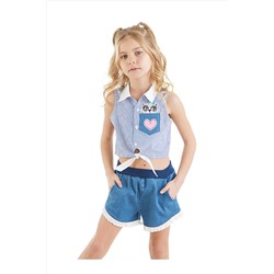 Denokids Rakun Kız Denim Şort Çizgili Kolsuz Gömlek Yazlık Takım CFF-23Y1-015