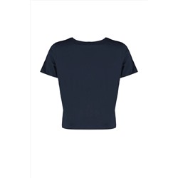 Lacivert Slogan Baskılı Crop Boy %100 Pamuk Örme Büyük Beden T-shirt TBBSS23BF00011