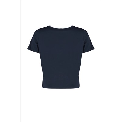 Lacivert Slogan Baskılı Crop Boy %100 Pamuk Örme Büyük Beden T-shirt TBBSS23BF00011