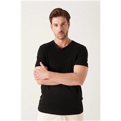 Avva Siyah Ultrasoft V Yaka Düz Regular Fit Modal T-shirt B001173