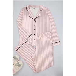 Pembe Çizgi Desenli Biyeli İçi Polarlı Gömlek-Pantolon Örme Pijama Takımı TBBAW25AI00028