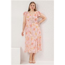 Pembe Çiçekli Midi Şifon Dokuma Büyük Beden Elbise TBBSS25AH00132