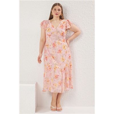 Pembe Çiçekli Midi Şifon Dokuma Büyük Beden Elbise TBBSS25AH00132