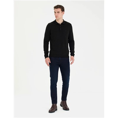 Siyah Slim Fit Polo Yaka Basic Triko Kazak