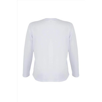 Beyaz %100 Pamuk Uzun Kollu Bisiklet Yaka Regular Basic Örme Büyük Beden T-Shirt TBBAW26BF00000
